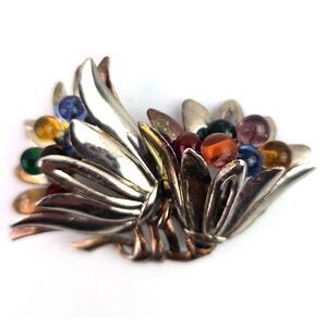 Unique Cornucopia Flower Brooch Pin Silver Tone Vintage Colorful Glass Balls